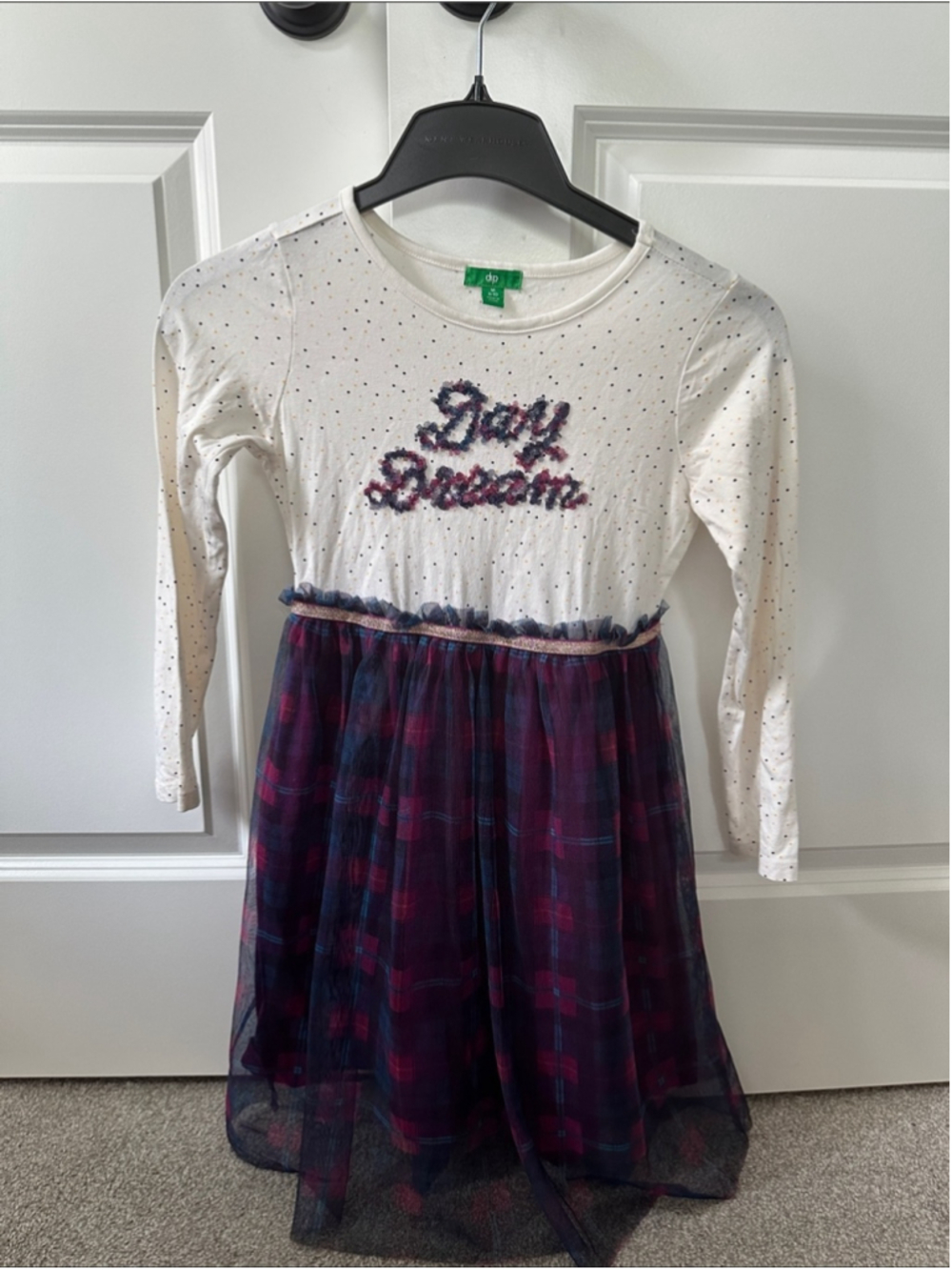 dip White Long-Sleeve Dress with Navy and Burgundy Plaid Tulle Skirt